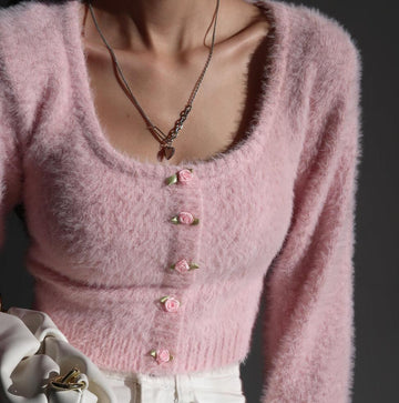 Aria Rose Button Fuzzy Crop Cardigan