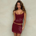 Avelyn Floral Rhinestone Skirt Set - Wine Red