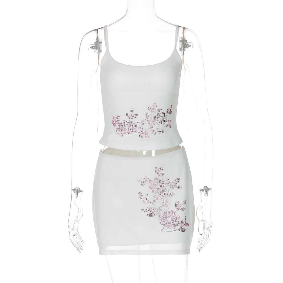 Avelyn Floral Rhinestone Skirt Set - White