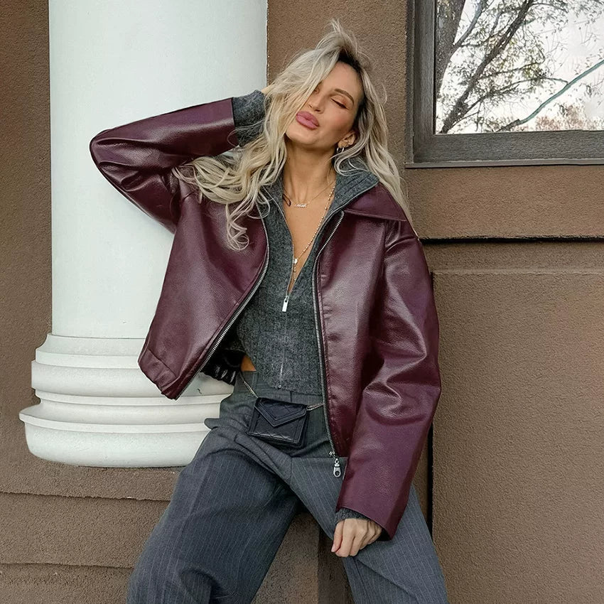 LaPose - Shiloh Oversized Retro Faux Leather Jacket - Wine Red Color