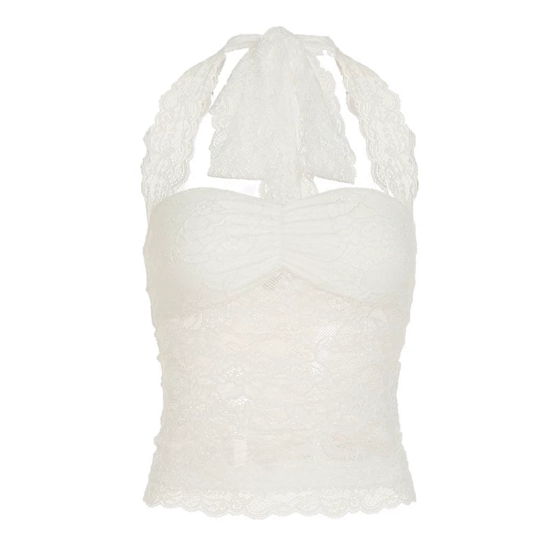 Lace Trim Halter Camisole Top - White [4MGG0317]