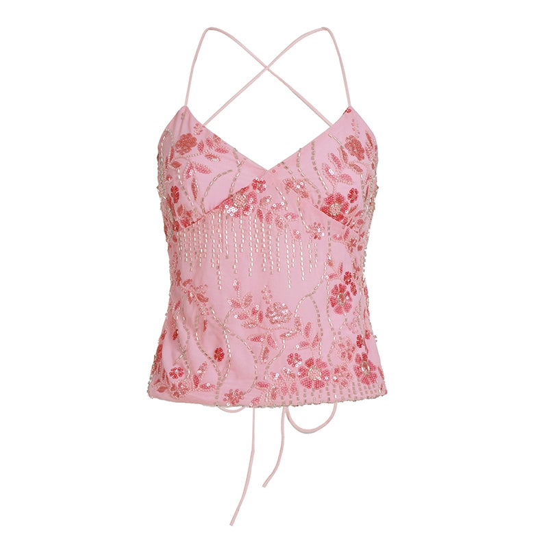 Tayler Floral Sequin Backless Top - Pink [RRD8RVC6]