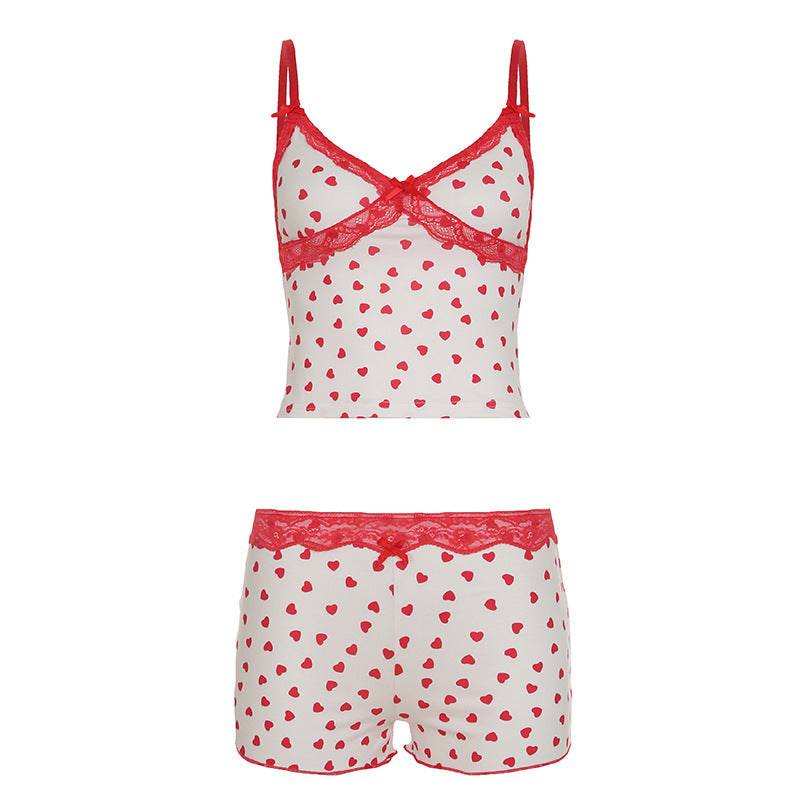 Ciera Heart Print Lace Short Set - Pink [IF4SQ57F]