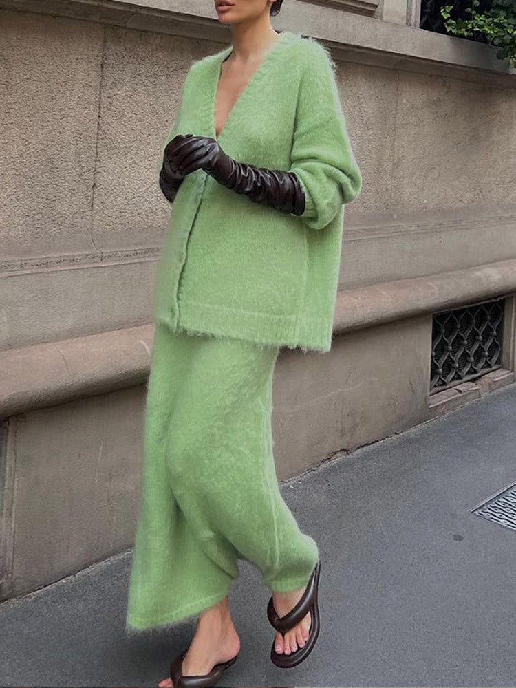 Amelie Knit V-neck Skirt Set - Green Set [N6MMO5DS]