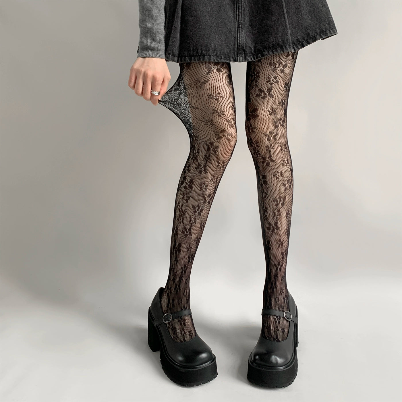 Kaleyah Sheer Lace Print Tights - Black [77YPQ0YE]