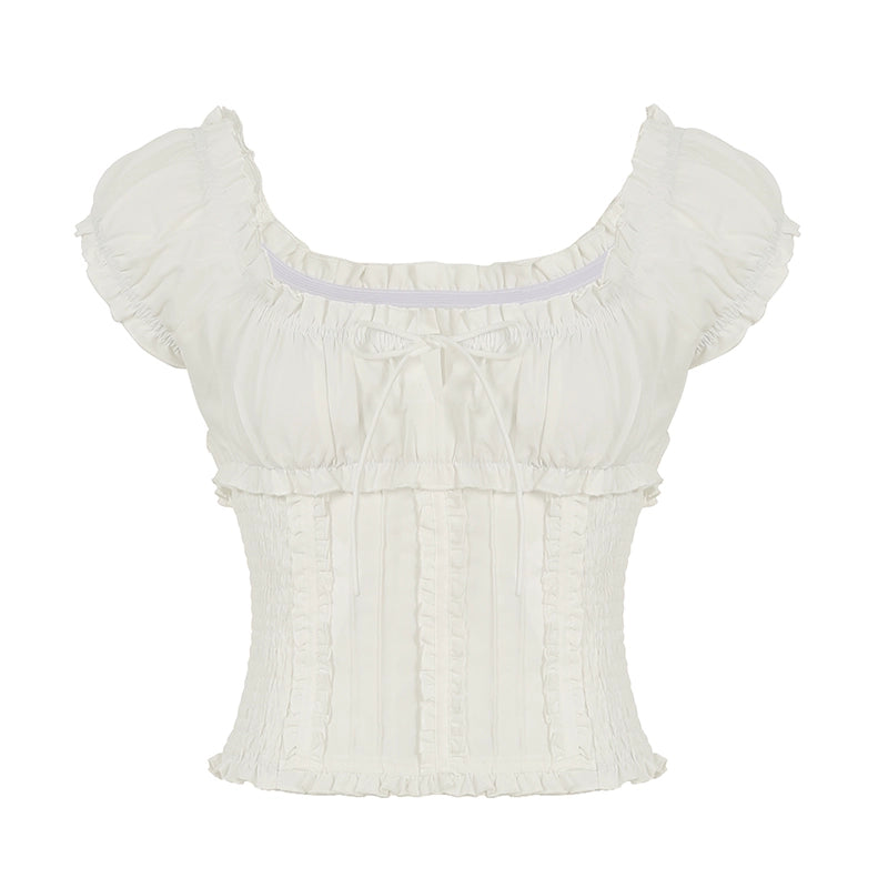 Marianna Puff Sleeve Smocked Crop Top - White