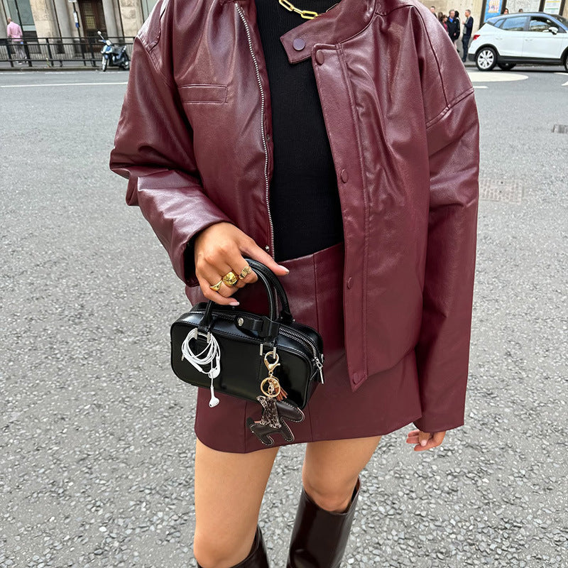 Caila Retro Faux Leather Skirt Set - Wine Red [YFATVKR4]