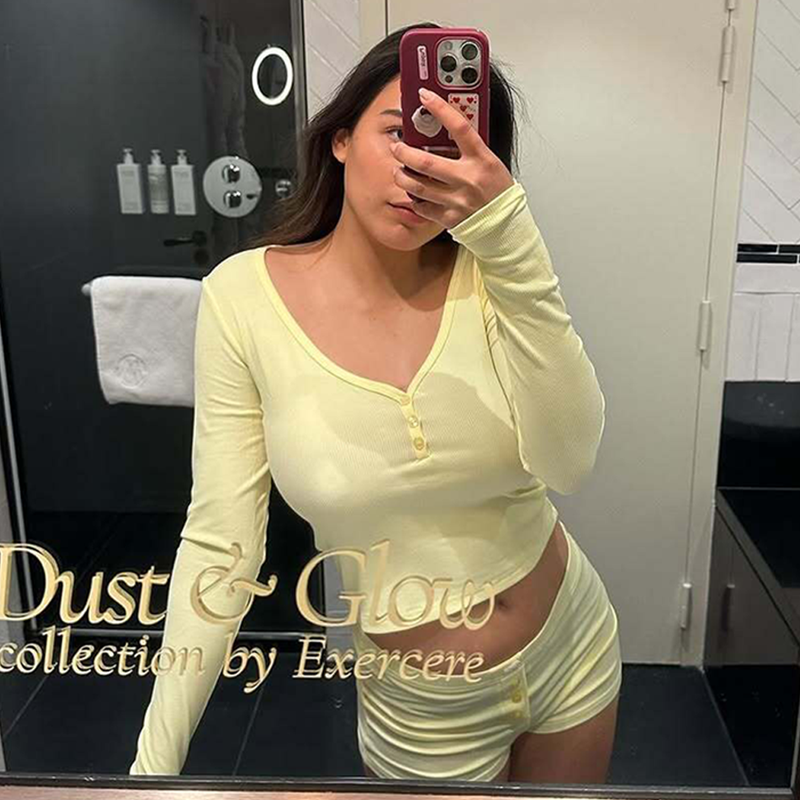 Heather Ribbed V-Neck Lounge Set - Yellow [CLCUB8ET]
