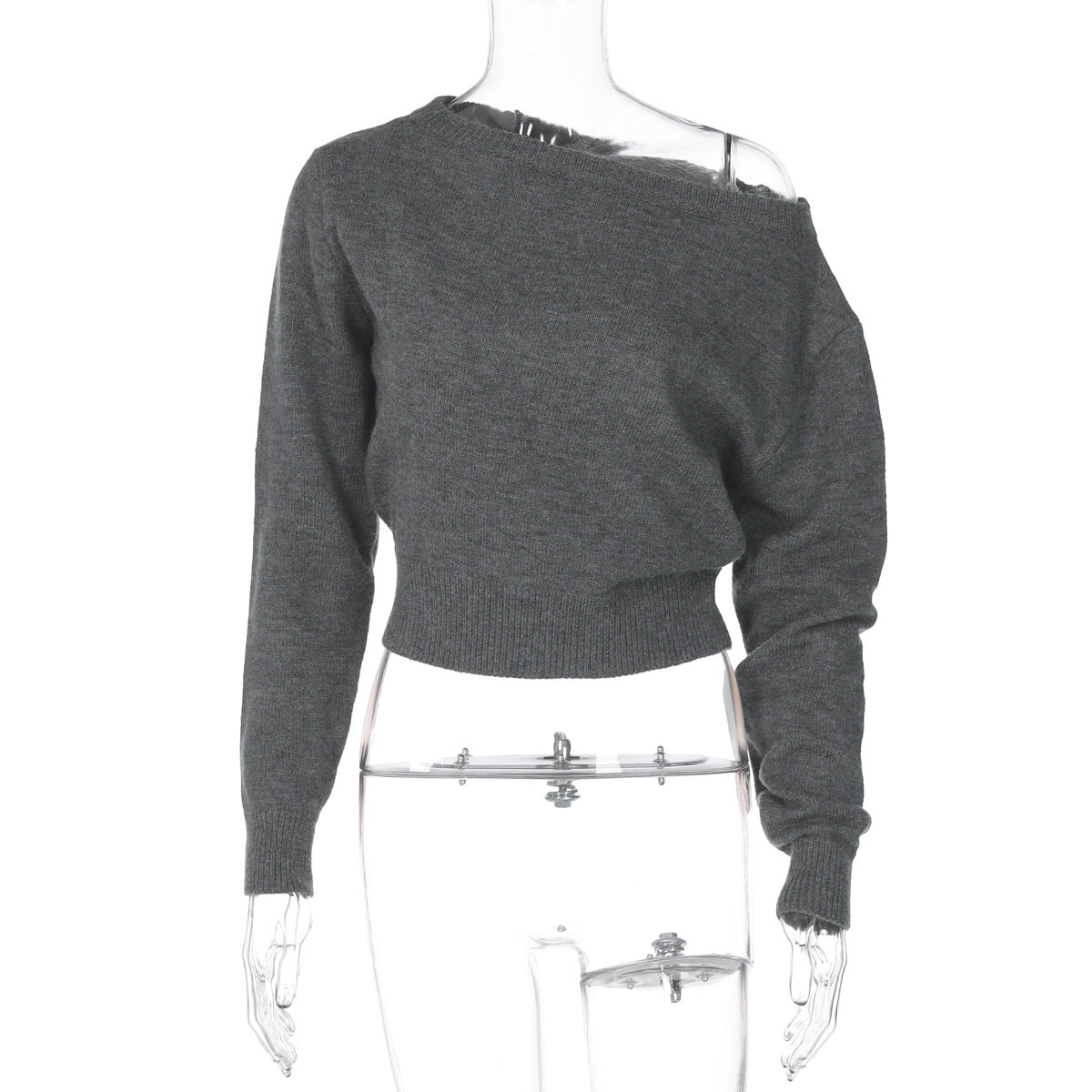 Aisha Knit Slant Collar Crop Top - Grey [403XWRB3]