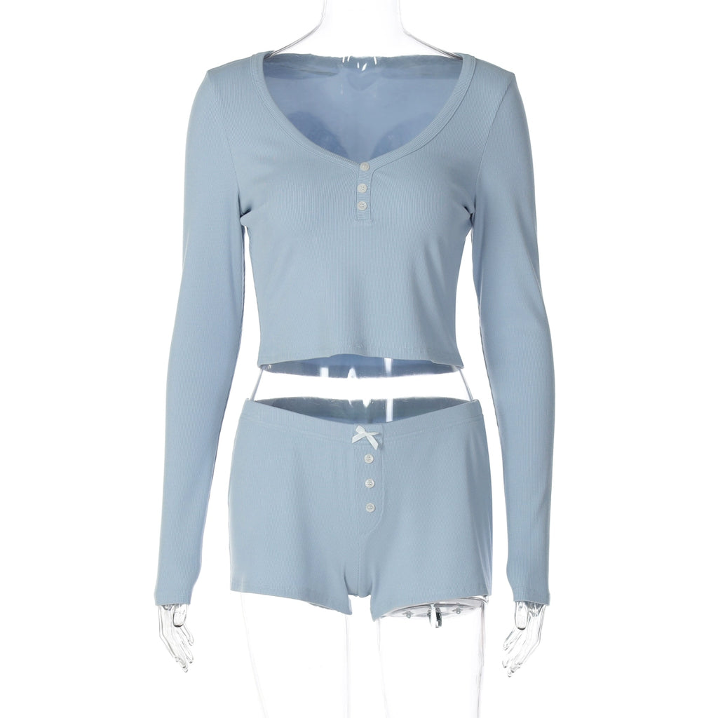 Heather Ribbed V-Neck Lounge Set - Light Blue [38AGXCYK]