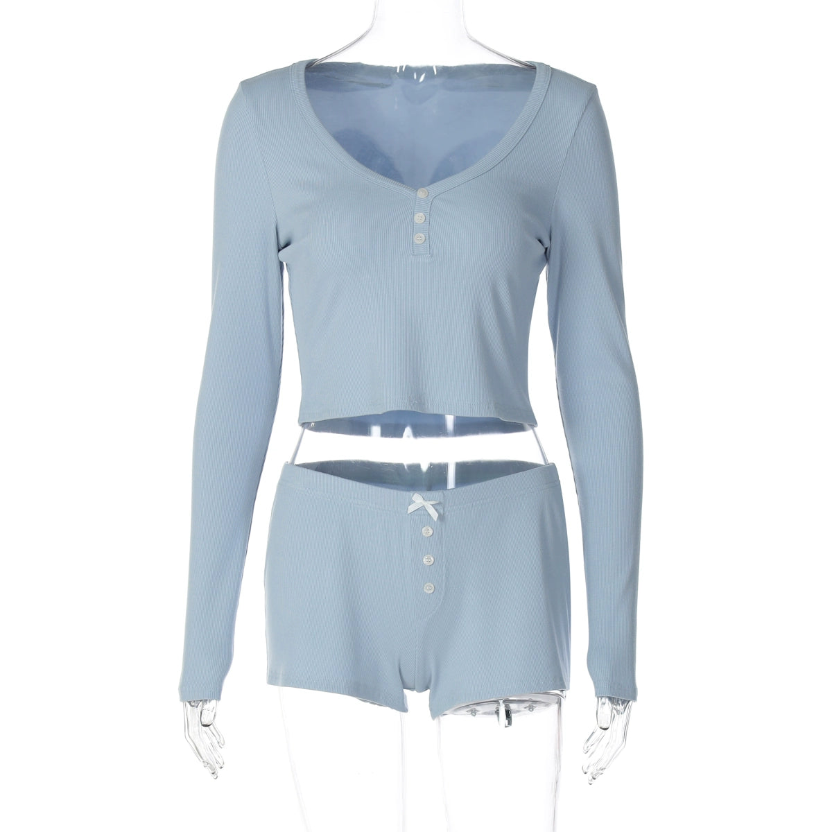 Heather Ribbed V-Neck Lounge Set - Light Blue [38AGXCYK]