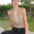 Avelynn Rhinestone Halter Crop Top - Khaki [Y59ZR72G]
