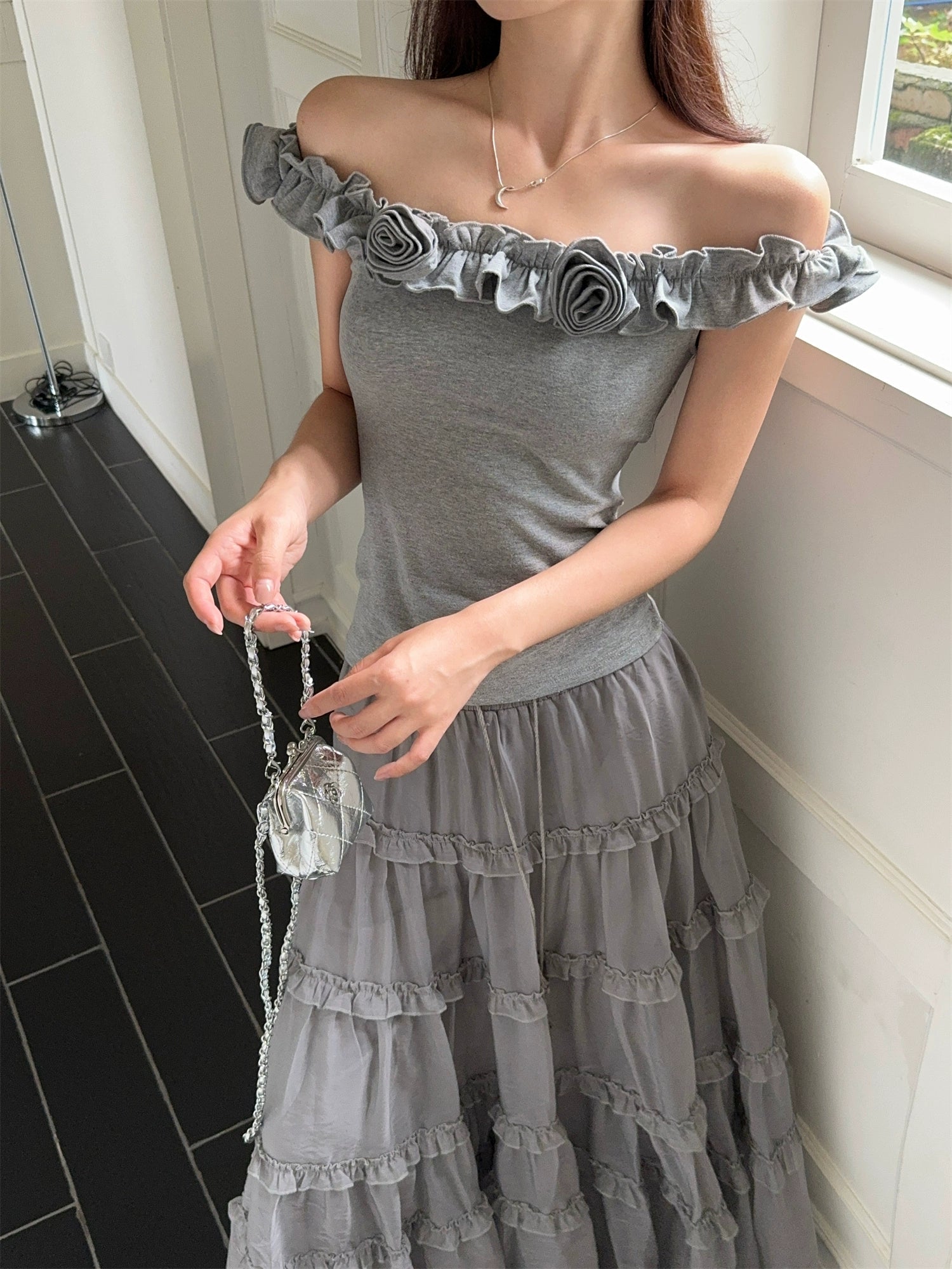 Inaaya Floral Off-Shoulder Skirt Set - Top [6CEN64E3]
