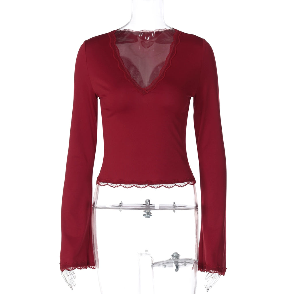 Tiara Lace Flared Sleeve Top - Wine Red [A5K91BCR]