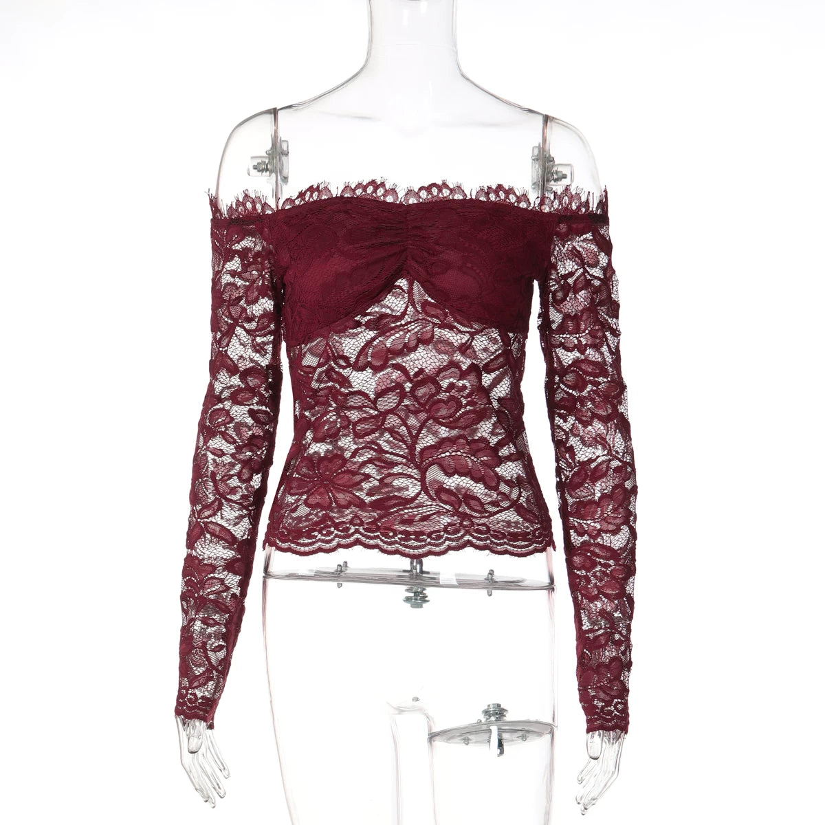 Lace Off-Shoulder Long Sleeve Top - Wine Red [KHV1047D]