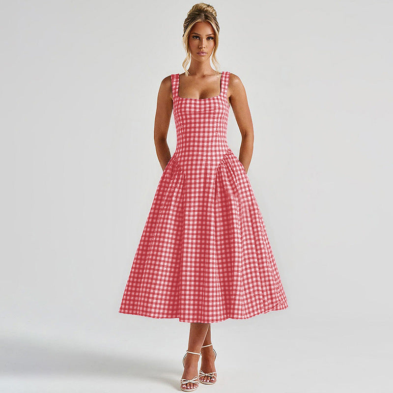 Adalae Plaid Backless Midi Dress - Plum Red [0GBJ8JPI]
