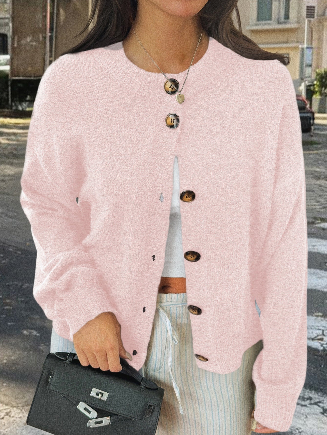 Kristy Button-Front Knit Cardigan - Pink [E09ES3AB]