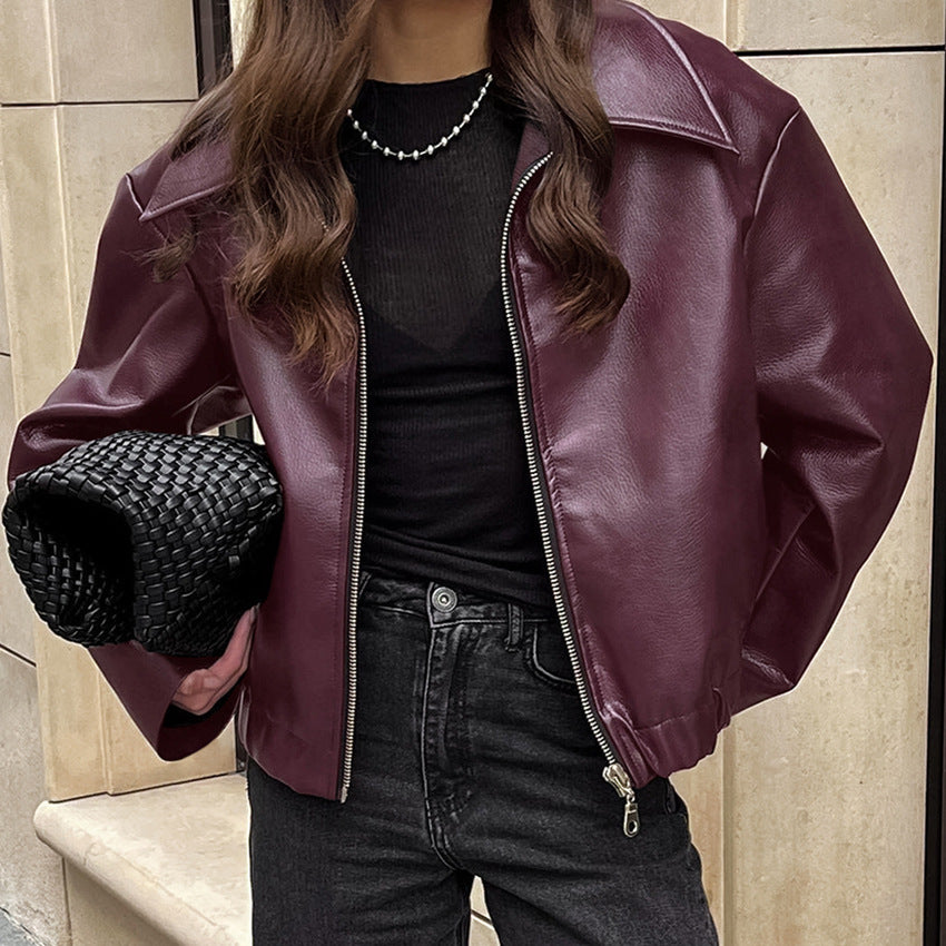 Ayven Oversized Faux Leather Jacket - Wine Red [3WQK2Y16]