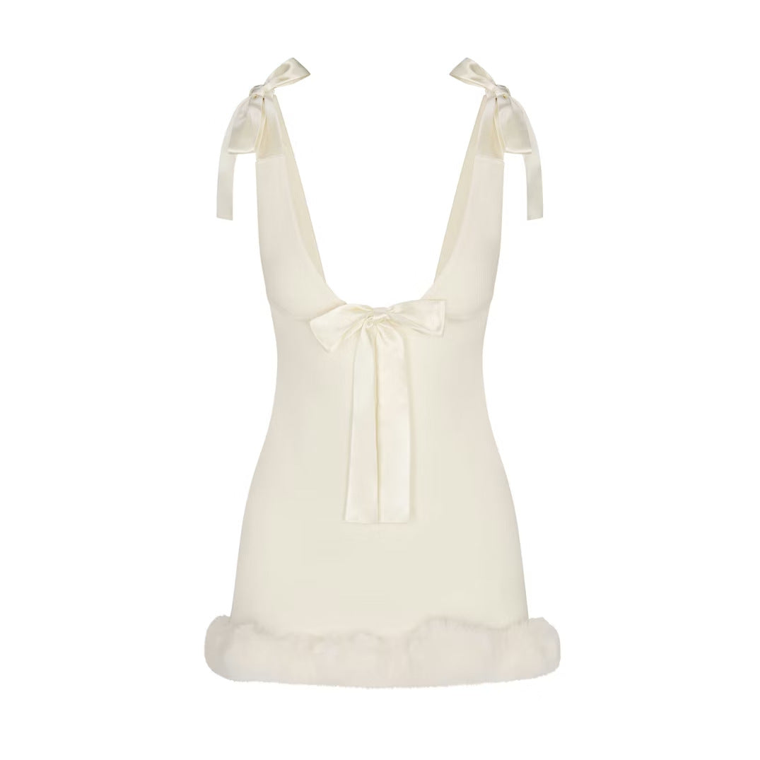 Satin Bow Strap Fur Trim Mini Dress - White [MMZWZUAW]