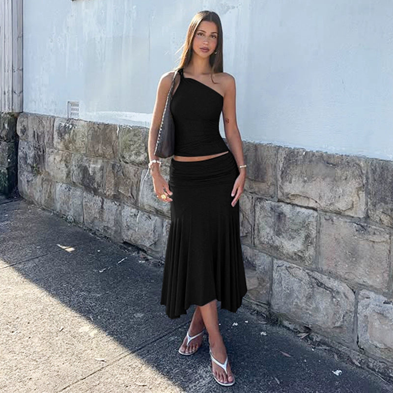 Tatum One-Shoulder Mini Skirt Set - Black