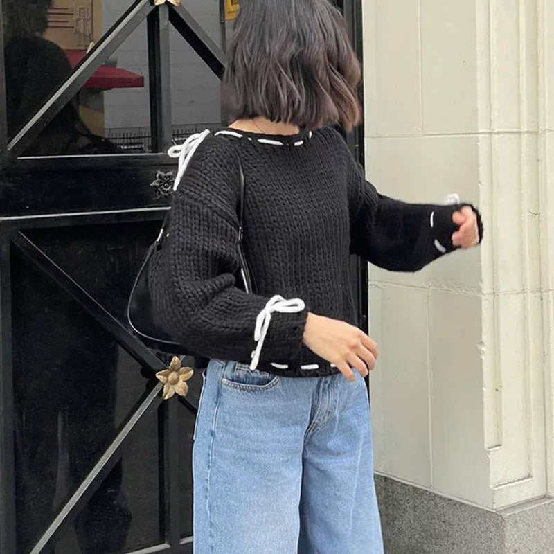 LaPose - Ingrid Chunky Knit Bow Sweater - Black Color