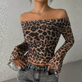 Cambree Leopard Mesh Off-Shoulder Top - Khaki [QM7HY777]