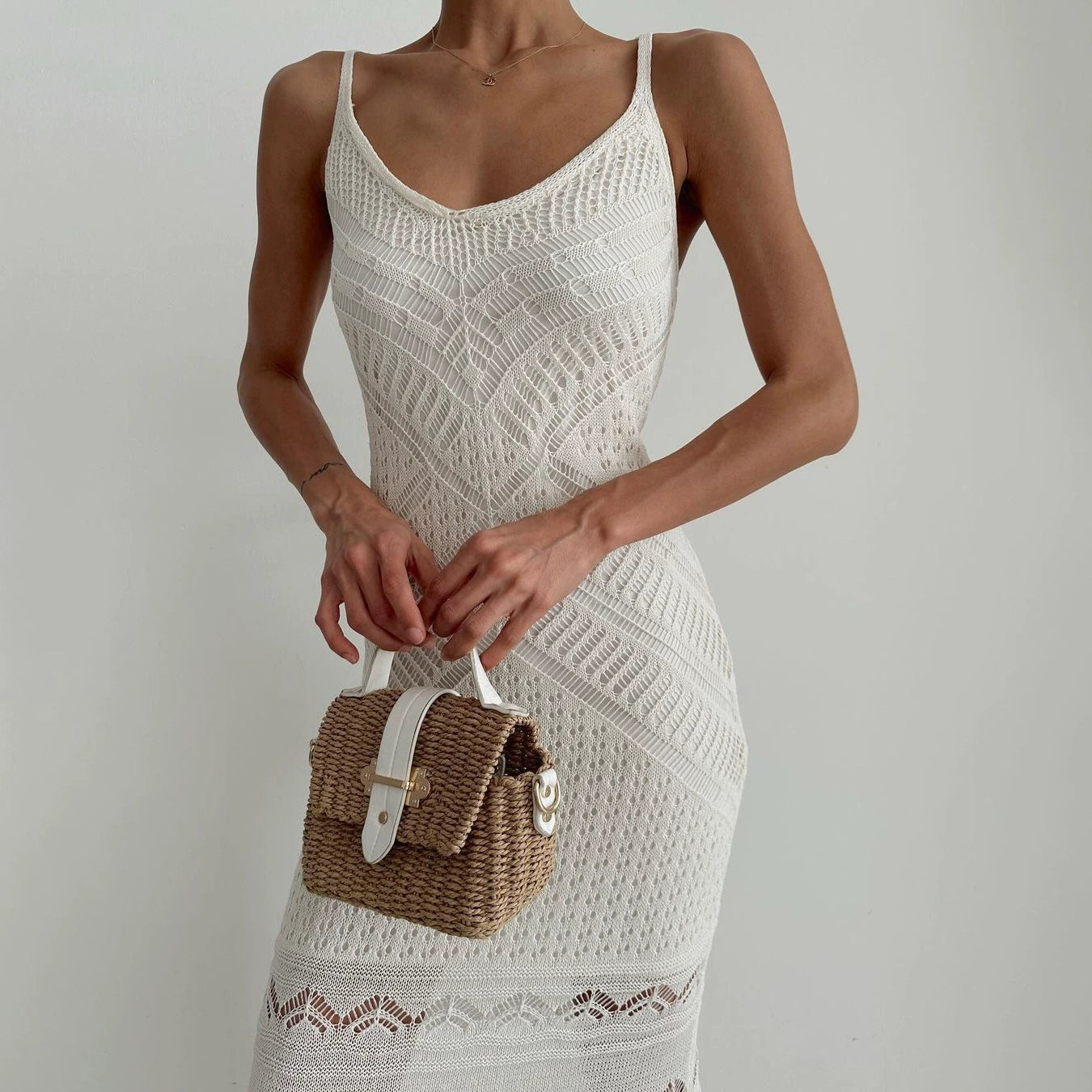Goldy Bohemian Knit Maxi Dress - White
