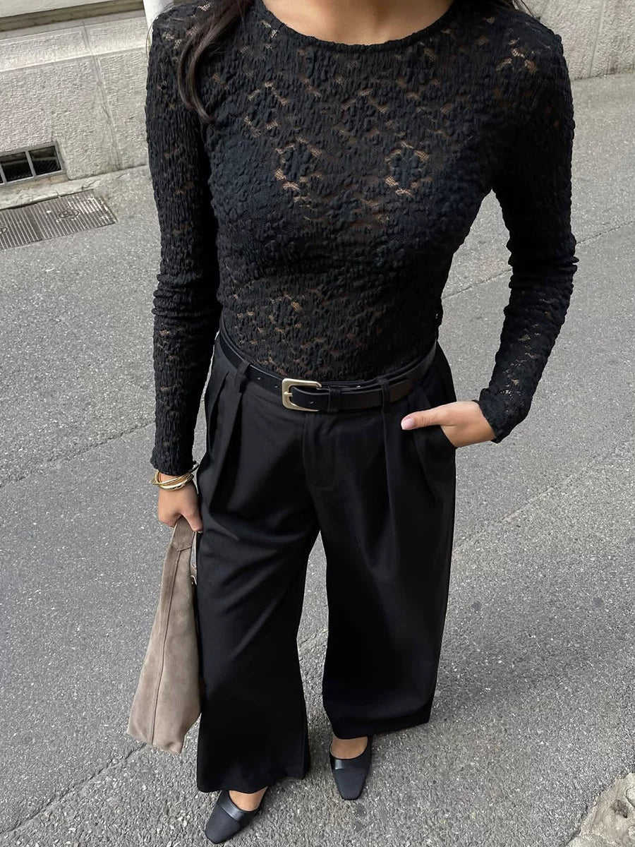 LaPose - Kaidyn Lace Long Sleeve Top - Black Round Neck Color