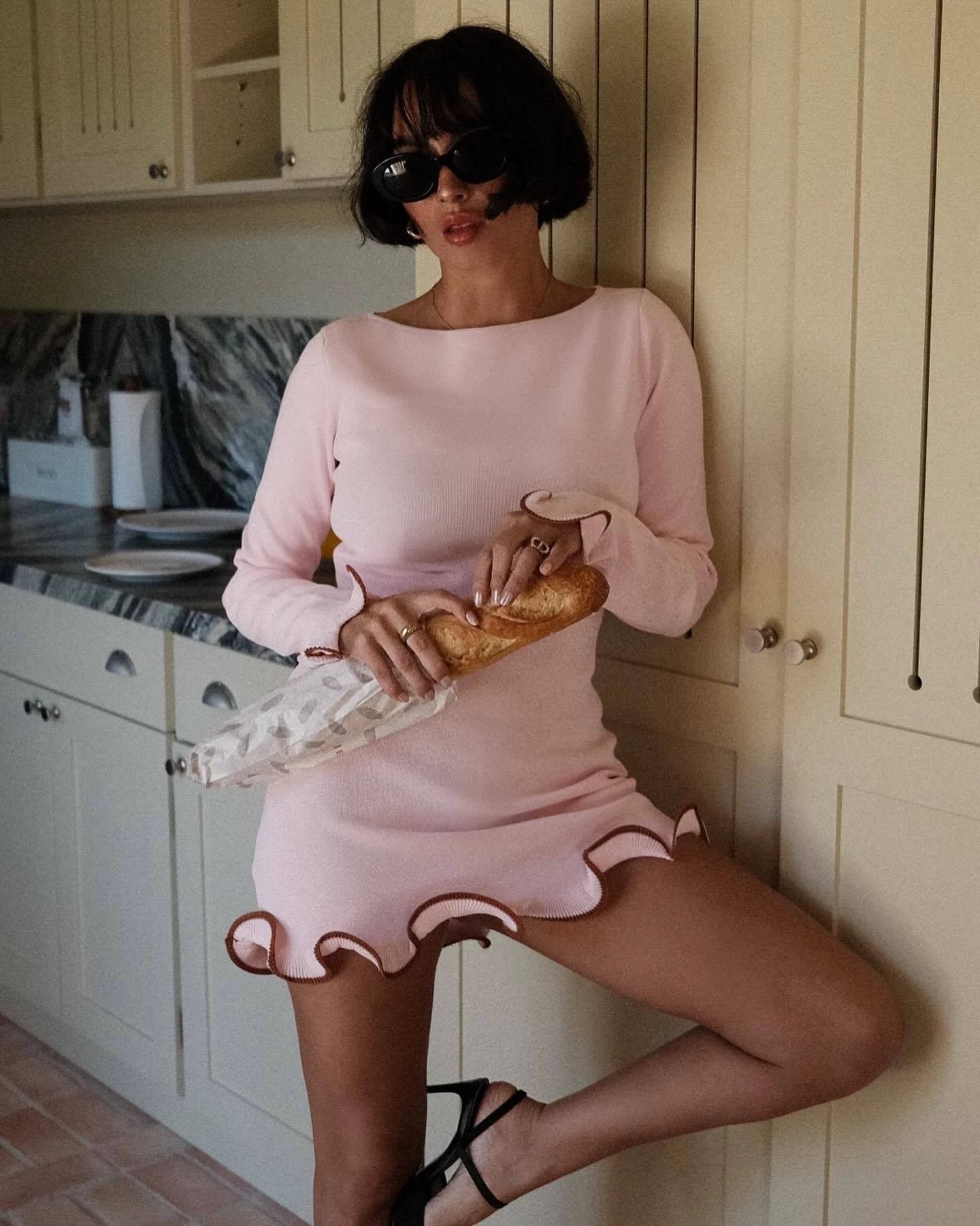 Ruffle Hem Long Sleeve Knit Mini Dress - Pink [S3J6ZG0Y]