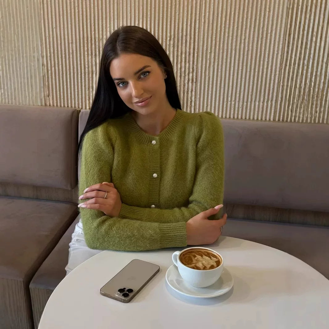 LaPose - Emberleigh Pearl Button Knit Cardigan - Green Color