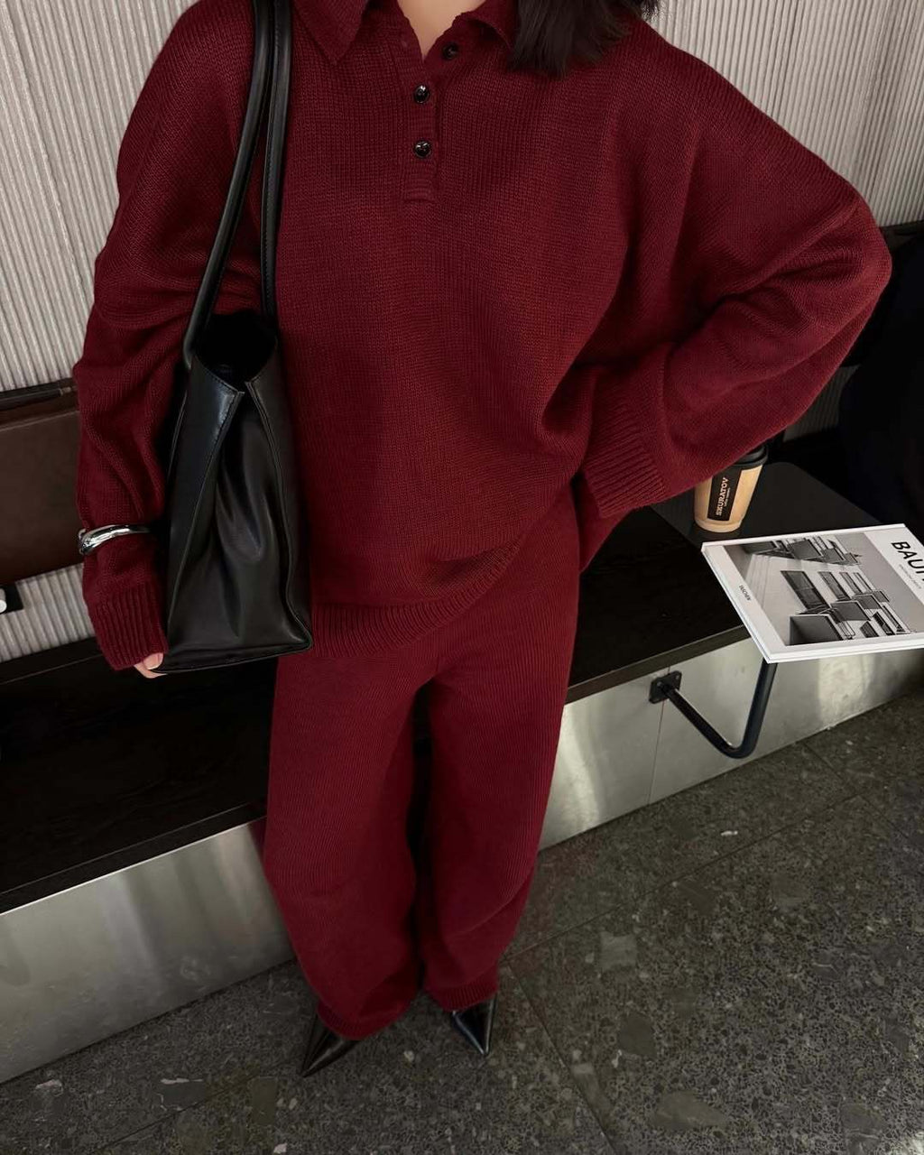 Amore Knit Polo Lounge Set - Wine Red [BB27Z2Q9]