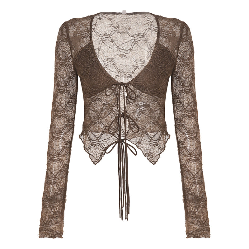 Xaria Sheer Lace-Up Cardigan - Brown [K87FYJ2B]