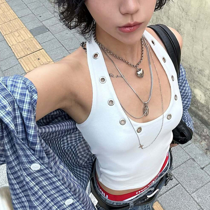 Egypt Eyelet Halter Tank Top - White [J5NB03YK]