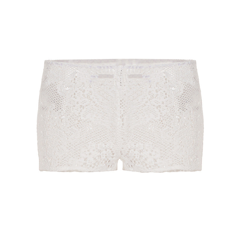 Open Knit Long Sleeve Short Set - White Shorts [P2V762RS]