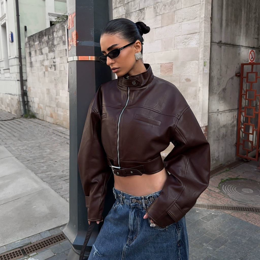 Aminata Cropped Faux Leather Jacket - Brown [47USVRUR]