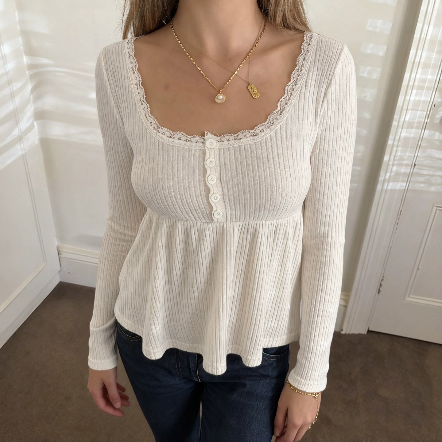 Goddess Knit Lace Square Top - White [0A9CGAYX]