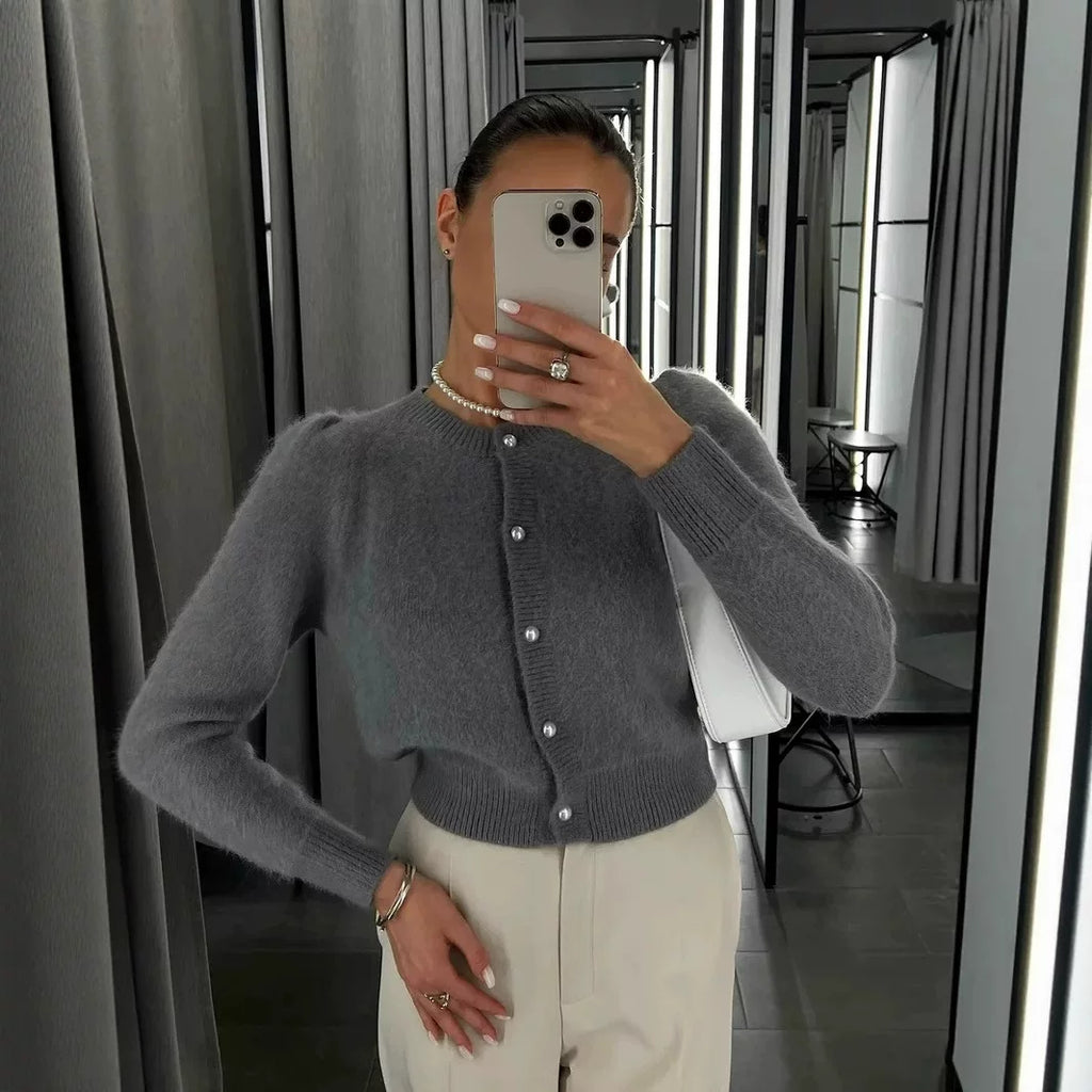 LaPose - Emberleigh Pearl Button Knit Cardigan - Gray Color