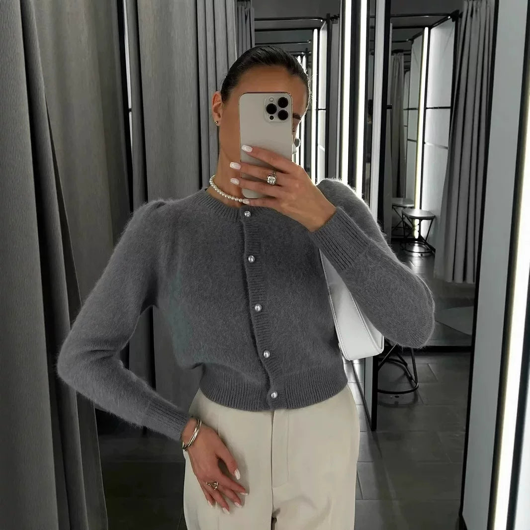 LaPose - Emberleigh Pearl Button Knit Cardigan - Gray Color