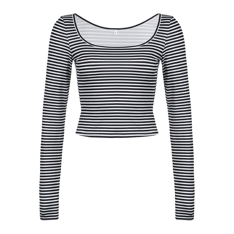 Lauren Striped Long Sleeve Crop Top - Black [NYF6QKK0]
