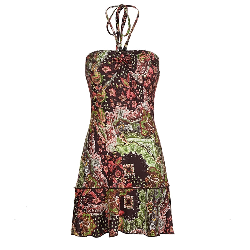 Elnora Printed Halter Mini Dress - Brown [GSIM6WLX]