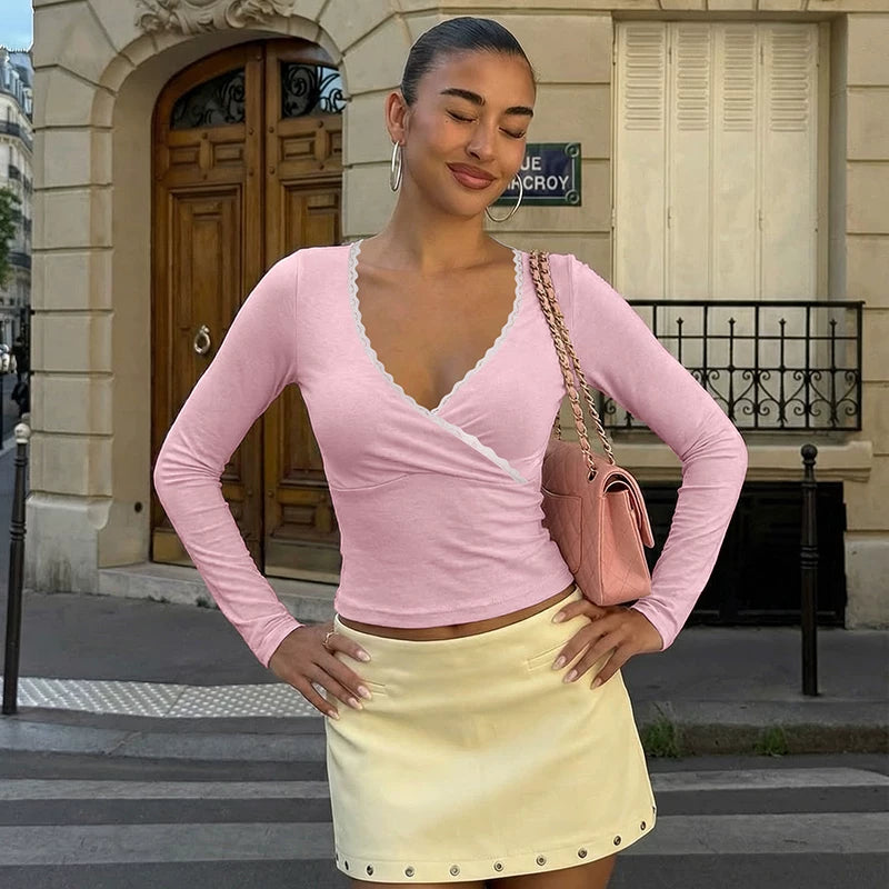 Lace Trim V-Neck Long Sleeve Top - Pink [1D8LAWJR]