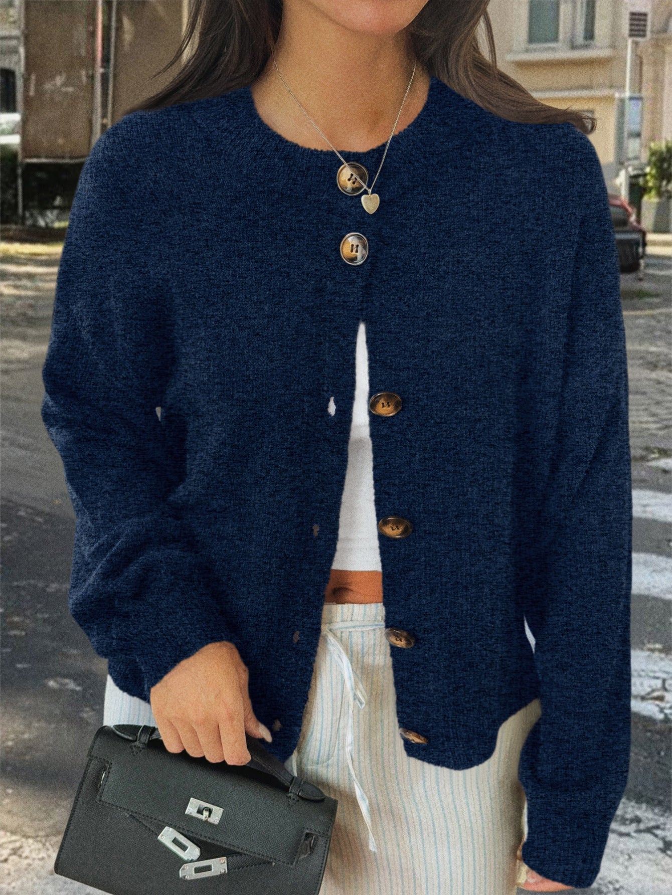 Kristy Button-Front Knit Cardigan - Navy Blue [SXYOVZ89]