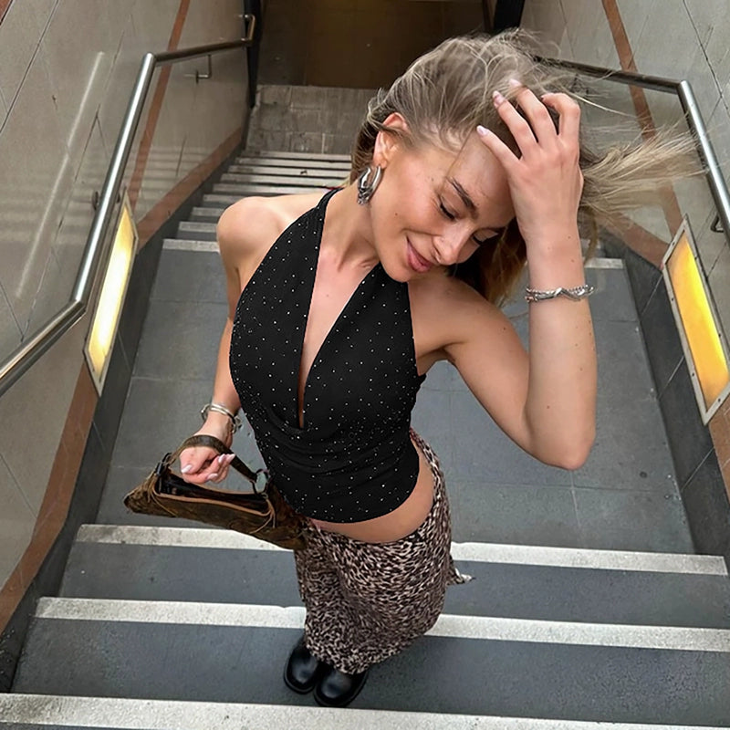 Avelynn Rhinestone Halter Crop Top - Black [VE8MRKJN]