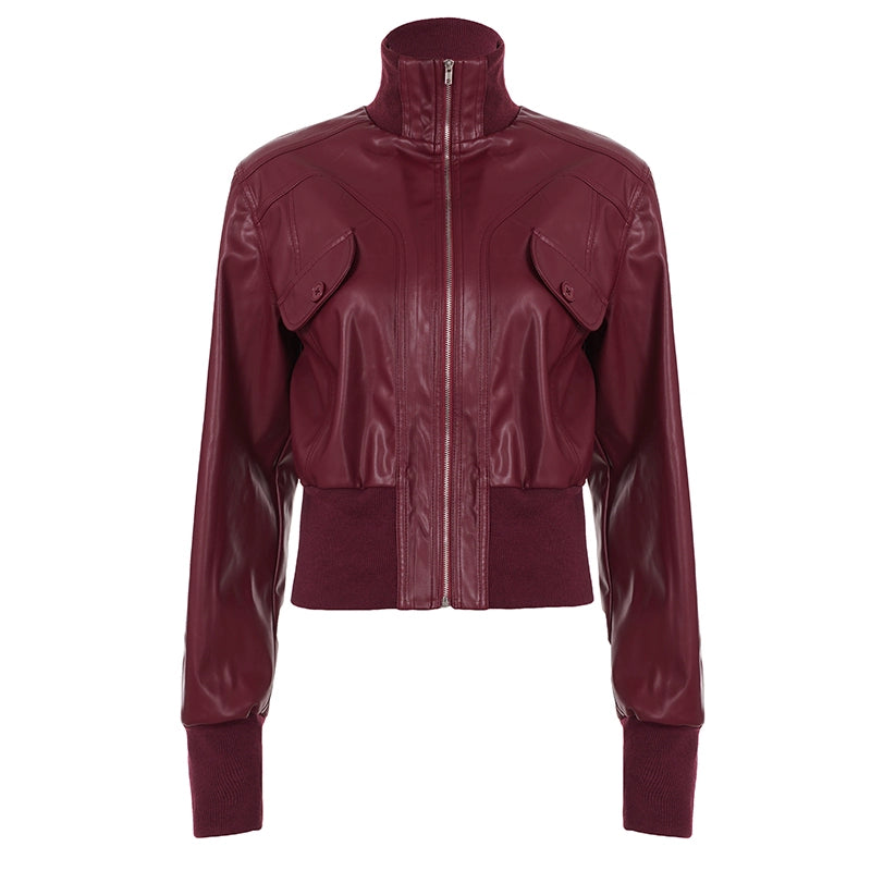 Florencia Cropped Faux Leather Jacket - Red [49L2TYJF]