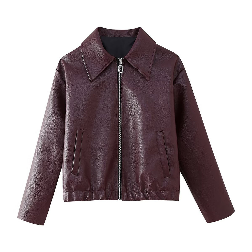 Brenna Lapel Faux Leather Jacket - Wine Red [XTOR79MU]