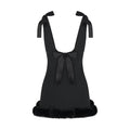 Satin Bow Strap Fur Trim Mini Dress - Black [JB4GZ4DM]