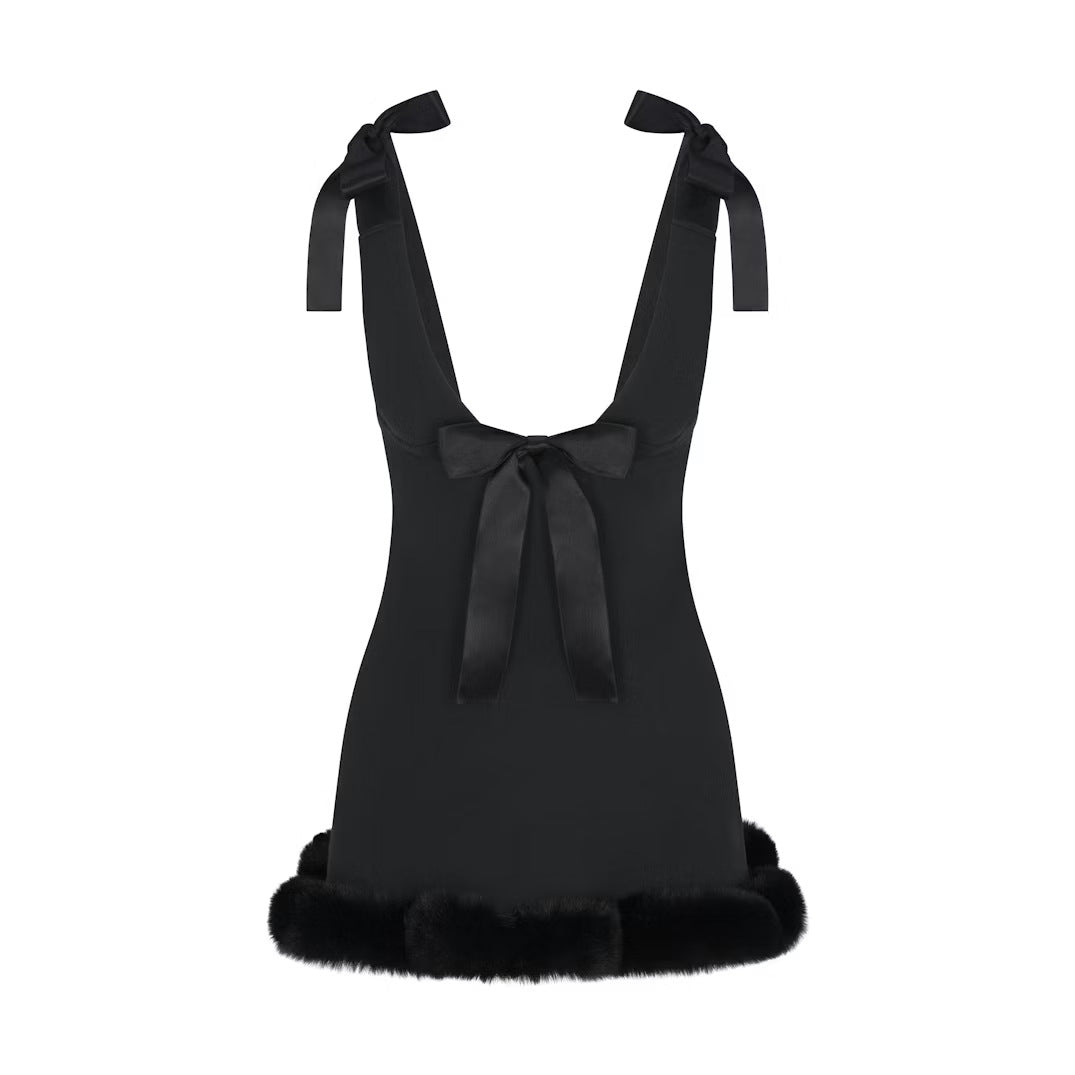 Satin Bow Strap Fur Trim Mini Dress - Black [JB4GZ4DM]