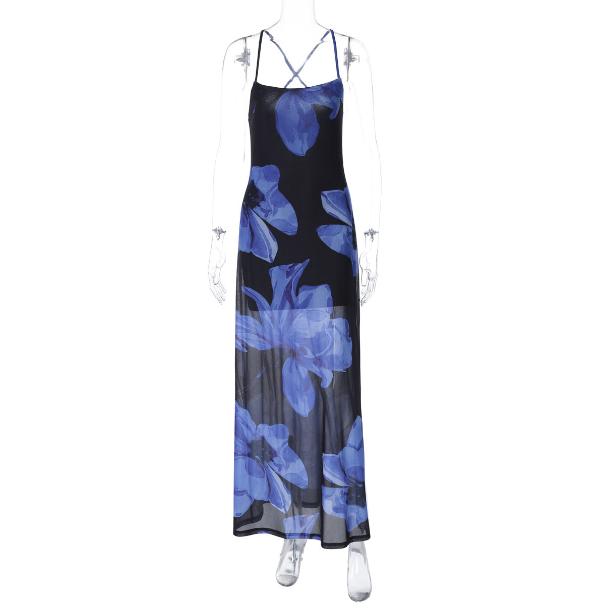 Oaklyn Floral Mesh Halter Maxi Dress - Blue [HERFSQQ5]