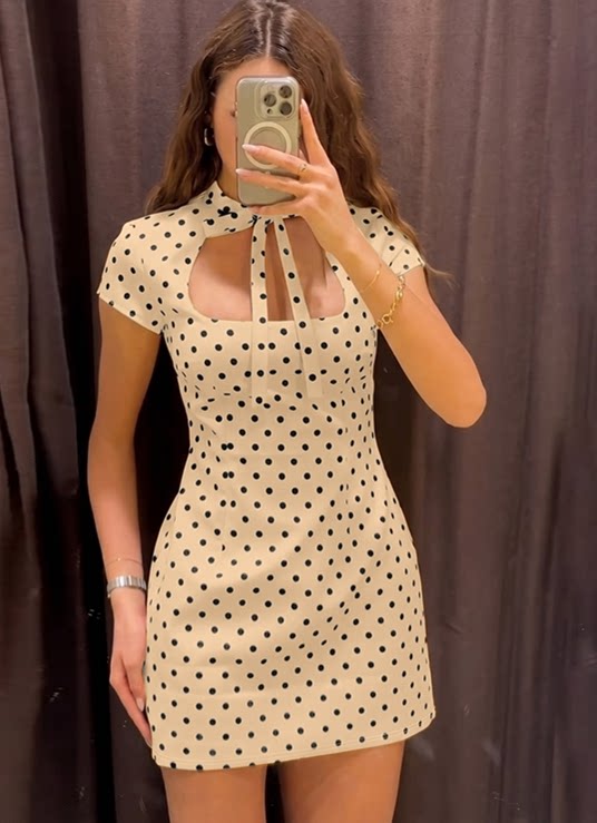 LaPose - Kamari Polka Dot Cutout Mini Dress - Khaki Color