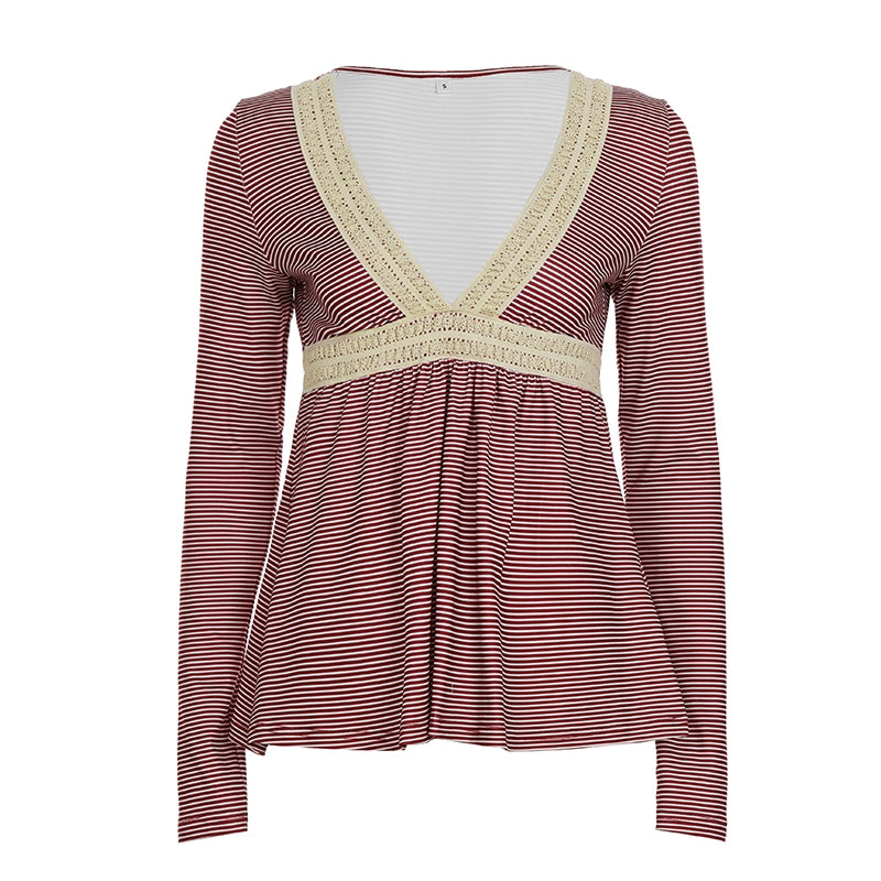 Haley Red Striped Lace Top - Red [Z62Z5XWH]